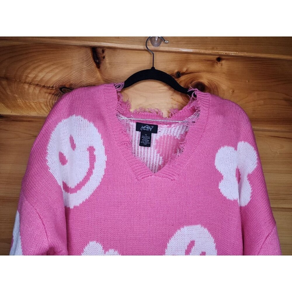 Just Polly Pink Daisy,Smiles Knit Sweater Cropped Raw Distressed Hem Oversized - Picture 5 of 9